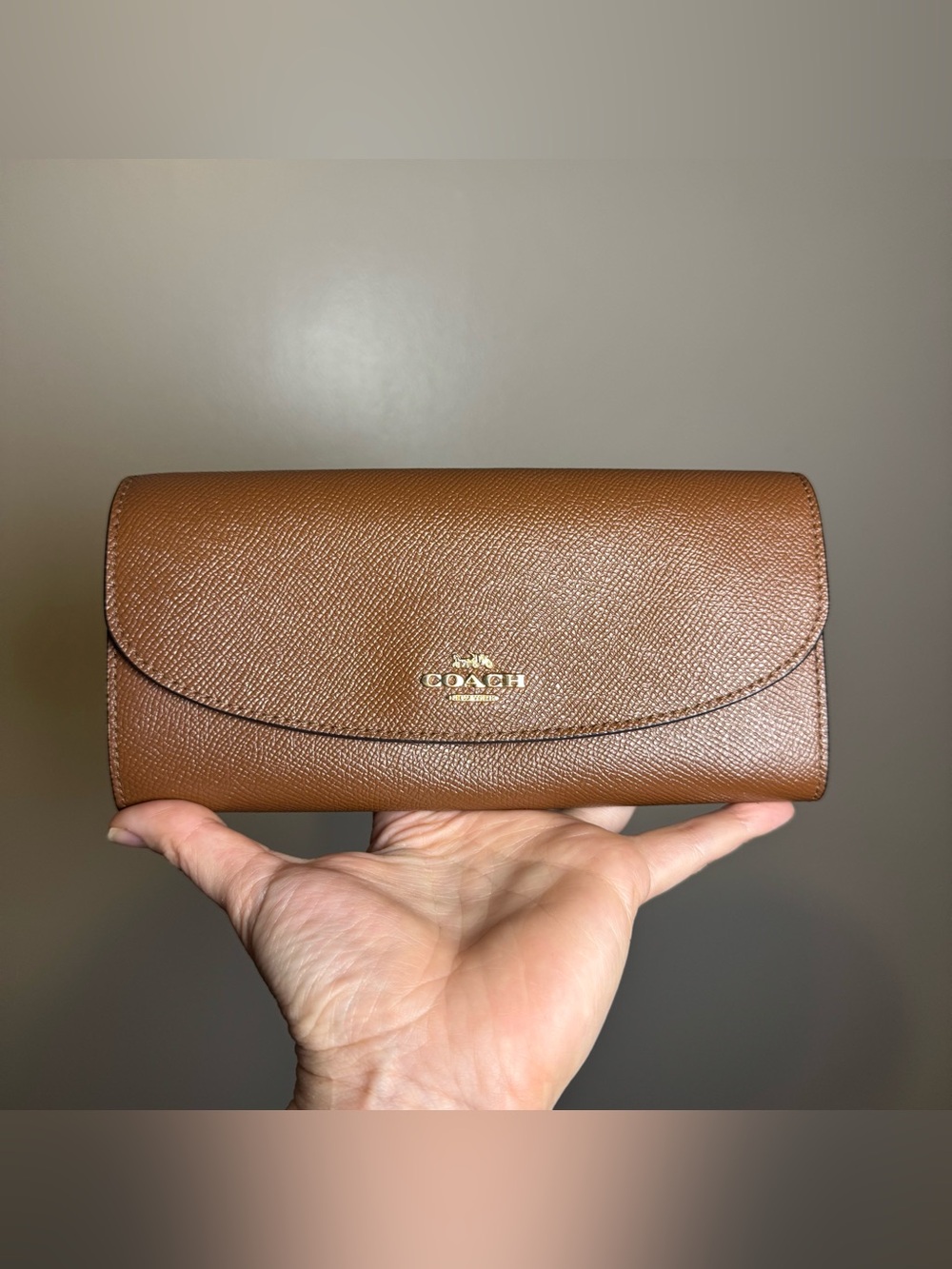 Genuine COACH Crossgrain Leather Slim Envelope Wallet - Saddle color